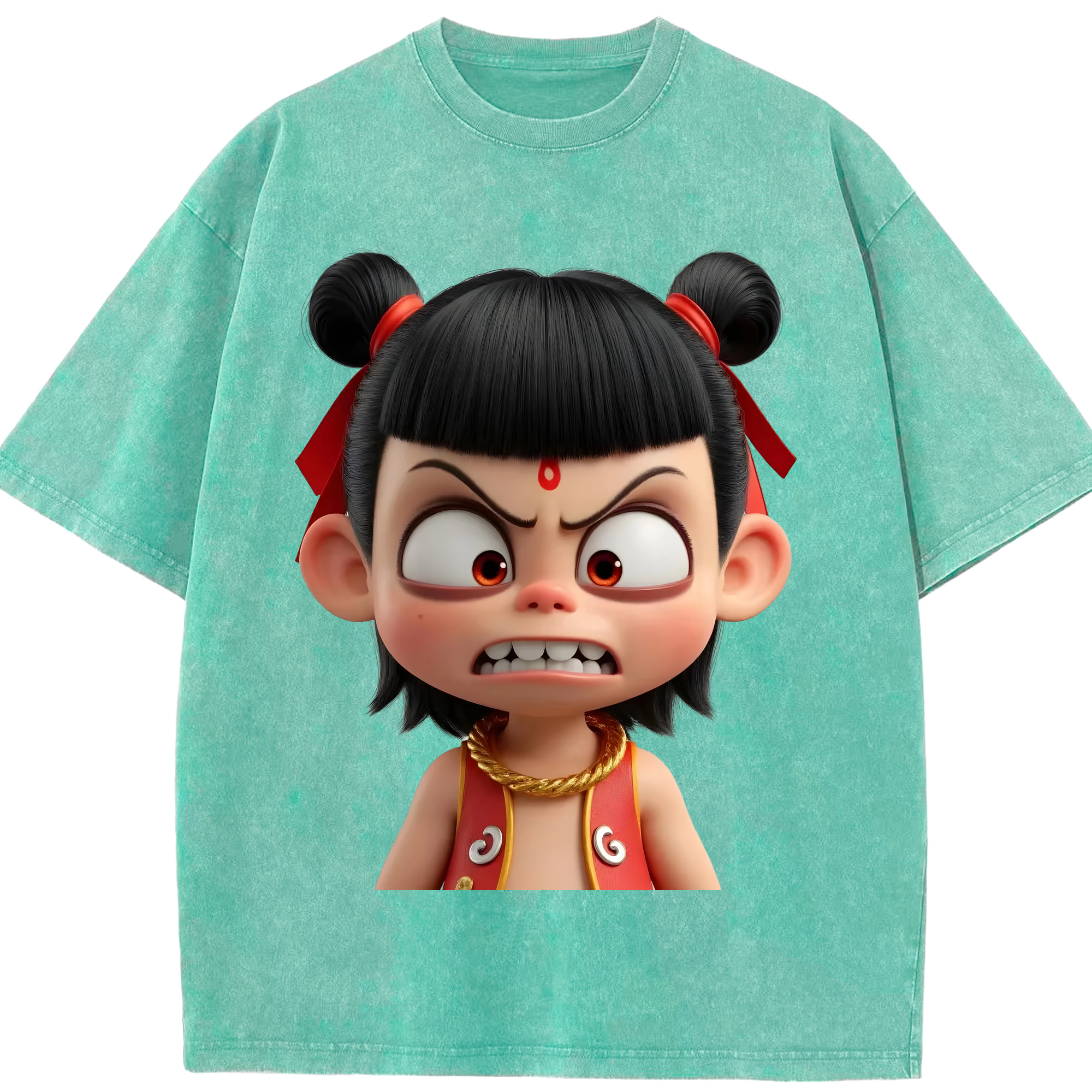 （画像用） Ne Zha 2 ナタ 魔童の大暴れ 綿100% ヴィンテージ風 半袖Tシャツ（フロントプリント）